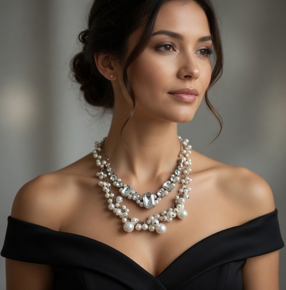 Women's Beads Crystals Necklace Silver Tone Double Layered Necklace Jewelry